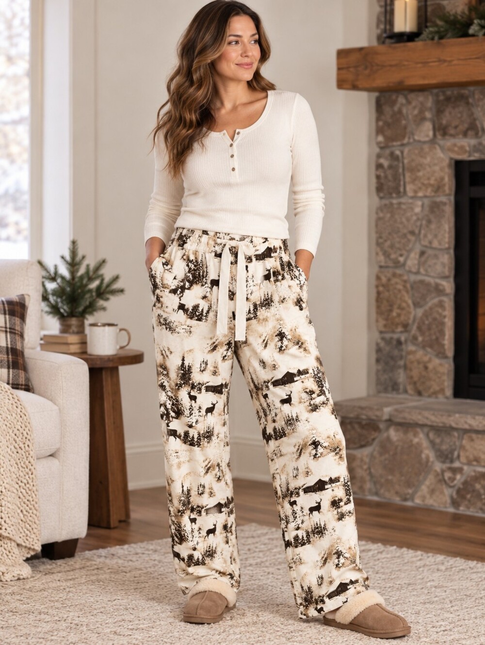 Sleep Sense M Cotton Deer Cabin Winter Pajama Pants